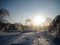 In winter, the city Park, trees and shrubs are buried in snow at sunset on a clear frosty day. The branches of the trees bend