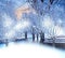 Winter city snowy  evening park trees covered by snow andstarry sky and moon nature background 3 d illustration