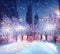 Winter city snowy  evening park trees covered by snow andstarry sky and moon nature background 3 d illustration