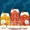 Winter City Street with Vintage Houses, Night Town at Snowfall with Snowy Trees and Passerby Walk along Buildings