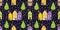 Winter cityscape concept with multicolored multistorey buildings on dark purple background. Seamless Christmas pattern