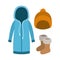 Winter clothes with blue hooded sweater and yellow wool cap and boots over white background