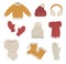 Winter clothes set. Collection of vector clothing items for cold weather. Flat illustration of knitted warm sweater, hats, gloves