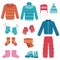 Winter clothes vector illustration set with various warm garments and shoes for wearing in cold weather.