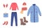 winter clothing big set consisting of down jacket, clothes for woman, pants, shoes, hat, glove, sweater. colorful clothes, bright