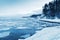 Winter coastal landscape with floating ice and frozen pier