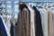 Winter coats hanged on a clothes rack