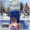 Winter collage with snow, latern, forest - winter season