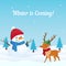 Winter coming background vector with big snowman and cute dressed reindeer illustration in snow. Holiday greeting card, banner,