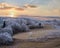 Winter coming. Picturesque pre sunrise scene above late autumn mountain countryside with hoarfrost on grasses, trees, slopes.