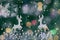 Winter composition with deers and snowflakes. On green background. Christmas card.