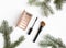 Winter cosmetics collage decorated with fir tree on white background. Flat lay, top view