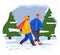 Winter, couple of happy girl and guy wearing warm clothes jacket and hat, young adult people