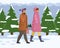 Winter, couple of happy girl guy wearing warm clothes walking in forest among snow-covered fir-trees
