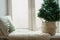 Winter cozy windowsill with Christmas tree in wicker basket, pillow, fur skin. Xmas holiday.