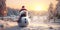 Winter dawn with a festive snowman. Santa\\\'s day is coming.copy