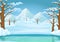 Winter day background. Frozen lake or river with snow covered trees and snowy mountains.