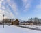 Winter day in the forest Park. Wooden Pokrovsky Cathedral, a monument of wooden architecture