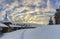 Winter day in the forest Park. Wooden Pokrovsky Cathedral, a monument of wooden architecture