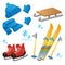 Winter decorative set for kids. Ski and skates. Wood sledge. Cap. Mittens. Scarf. Winter clothes. Winter leisure activities