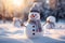 Winter Delights Holiday Christmas Background Banner - Closeup of Cute Funny Laughing Snowman with Wool Hat and Scarf, on Snowy