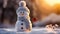 Winter Delights Holiday Christmas Background Banner - Closeup of Cute Funny Laughing Snowman with Wool Hat and Scarf, on Snowy