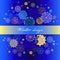 Winter design with gold and blue snowflakes on dark background.