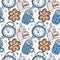 Winter details seamless pattern with doodle illustrations. Gingerbread, coffee with cream with a mug, alarm clock