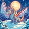 A winter dragon sitting on a rock amid a landscape of snow-capped mountains. A cartoon fantasy character, a magical creature