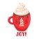 Winter Drink in Red Cup with Fir Trees Design. Hot Beverage with Whipped Cream, Cartoon Mug with Cocoa, Dripping Choco