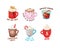 Winter Drinks Icons Set. Cups with Hot Beverage and Decoration for Wintertime Season Holidays. Cartoon Mugs of Cocoa