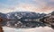 Winter dusk Alpine lake Grundlsee panorama (Austria) with fantastic pattern-reflection on the water surface