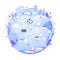 Winter Earth planet vector illustration, cartoon flat blue globe with nature in wintertime, save earth planet ecology