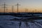 Winter electric power lines steel tower landscape Snow white sunset sunrise dawn 3