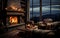 Winter Elegance Fireplace in the Interior of a Luxury Chalet. Generative AI