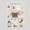 Winter essentials. Christmas greeting card. Set of cute winter lifestyle and food icons. Knitted sweater, glove, Santa