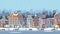 Winter European city - houses and shops, a Park with lanterns and benches, a snow-covered city. Vector illustration in a