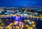 Winter evening aerial view to downtown in Kharkiv with bridge