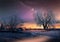 Winter evening in countryside wooden cabin,snow fall trees covered by snow,nature landscape