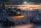 Winter evening in countryside wooden cabin,snow fall trees covered by snow,nature landscape