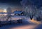 Winter evening in countryside wooden cabin,snow fall trees covered by snow,nature landscape