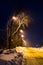 Winter evening illuminated by lanterns empty street villige