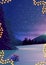 Winter evening landscape with pine forest, starry sky and gifts in the snow. Vertical illustration