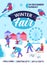 Winter event. Christmas fair invitation poster. People gift market with coffee and outdoor games. Vintage tree. New Year