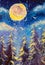 Winter fairy blue background. Forest of spruce trees. Snowing. The big moon is shining original oil painting. Impressionism. Art.