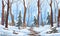 Winter fairy tale landscape, with tall trees and path in snowy forest, fir-trees in snowdrifts