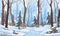 Winter fairy tale landscape, with tall trees and path in snowy forest, fir-trees in snowdrifts
