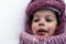 Winter, family, childhood concepts - close-up portrait authentic little preschool girl in pink clothes smile laugh shout