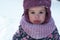 Winter, family, childhood concepts - close-up portrait authentic little preschool minor 3-4 years girl in pink hat look