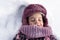 Winter, family, childhood concepts - close-up portrait authentic little preschool minor girl in pink clothes smile laugh